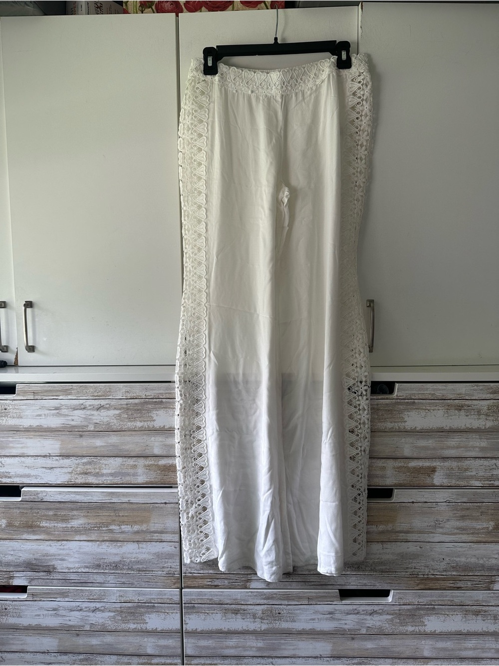 🤍 Solitaire Swim White Crochet Lace Cover Up Pants Size S Wide Leg Beach